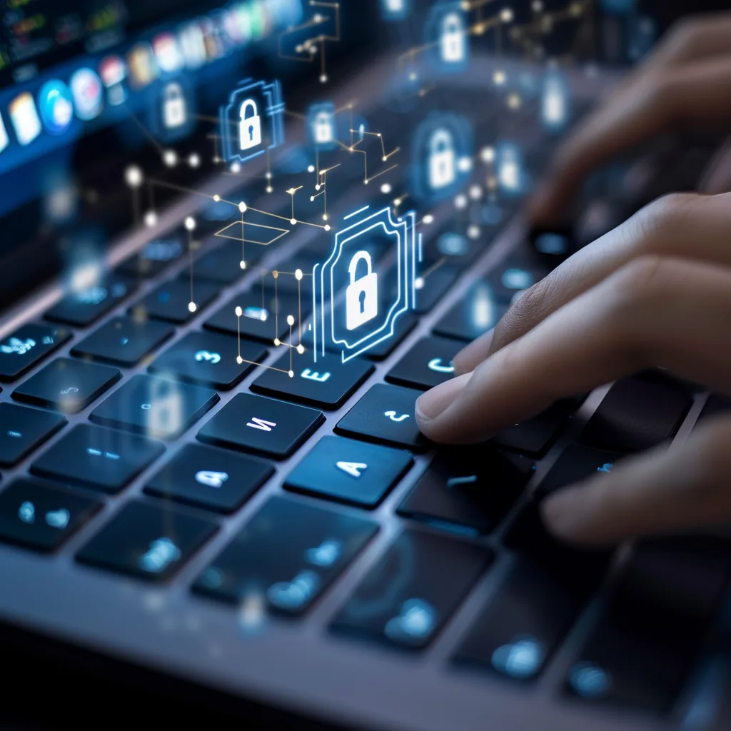Digital lock icons over a keyboard