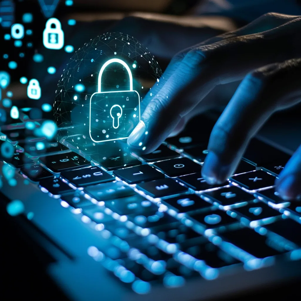 Digital lock over a keyboard with blue light
