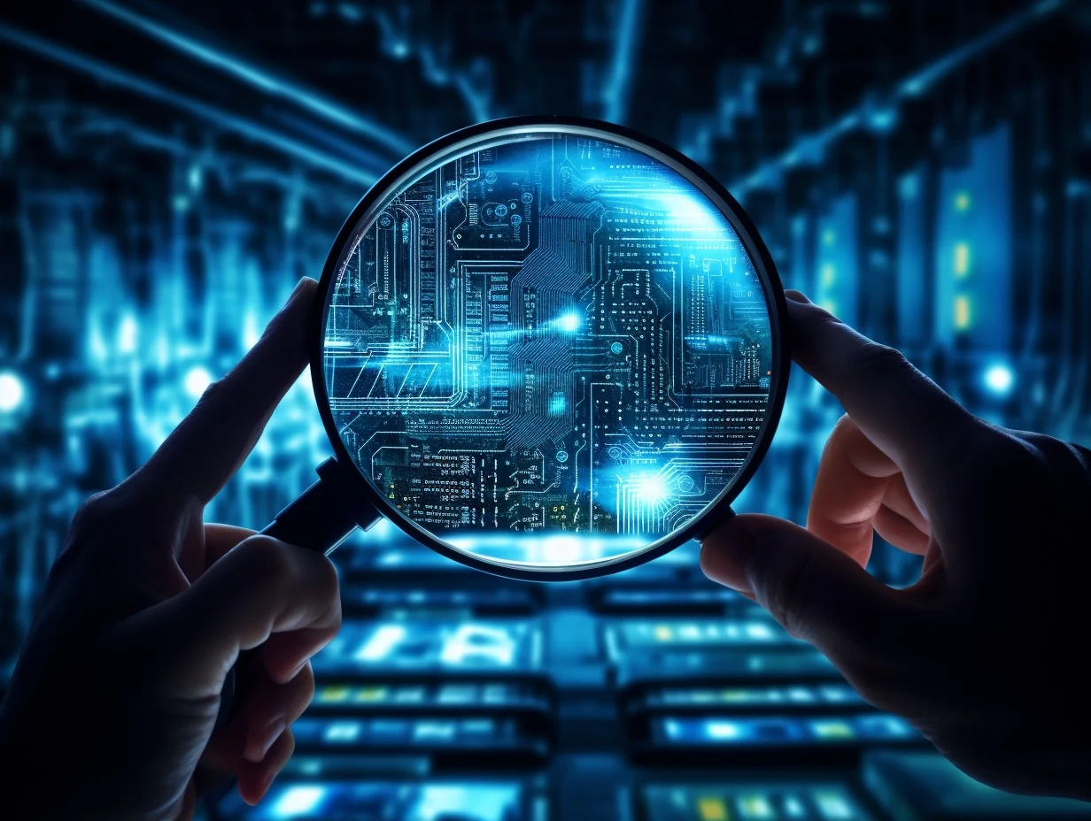 Magnifying glass over a digital circuit board