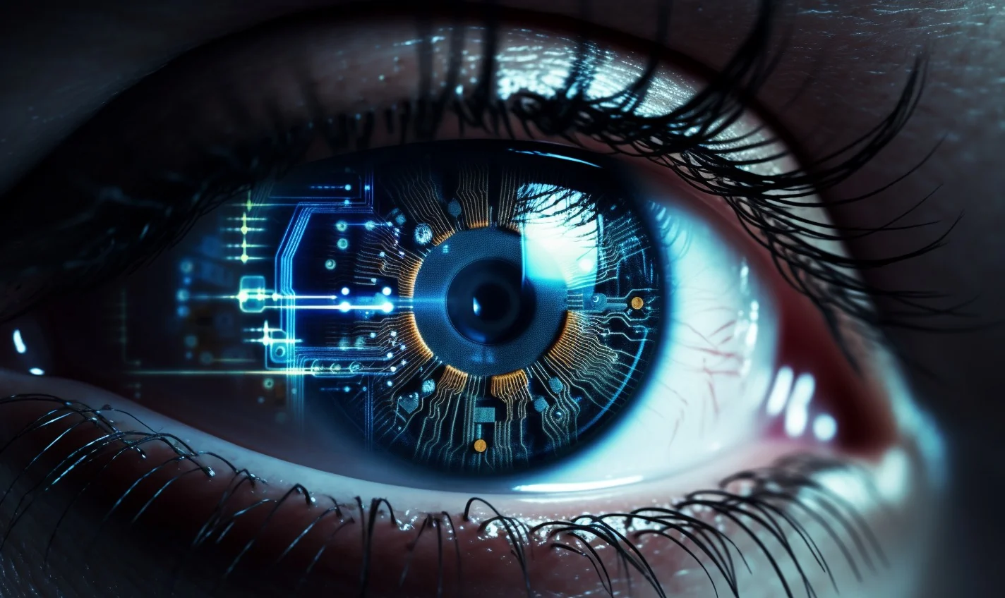 Digital eye with cybersecurity circuit overlay